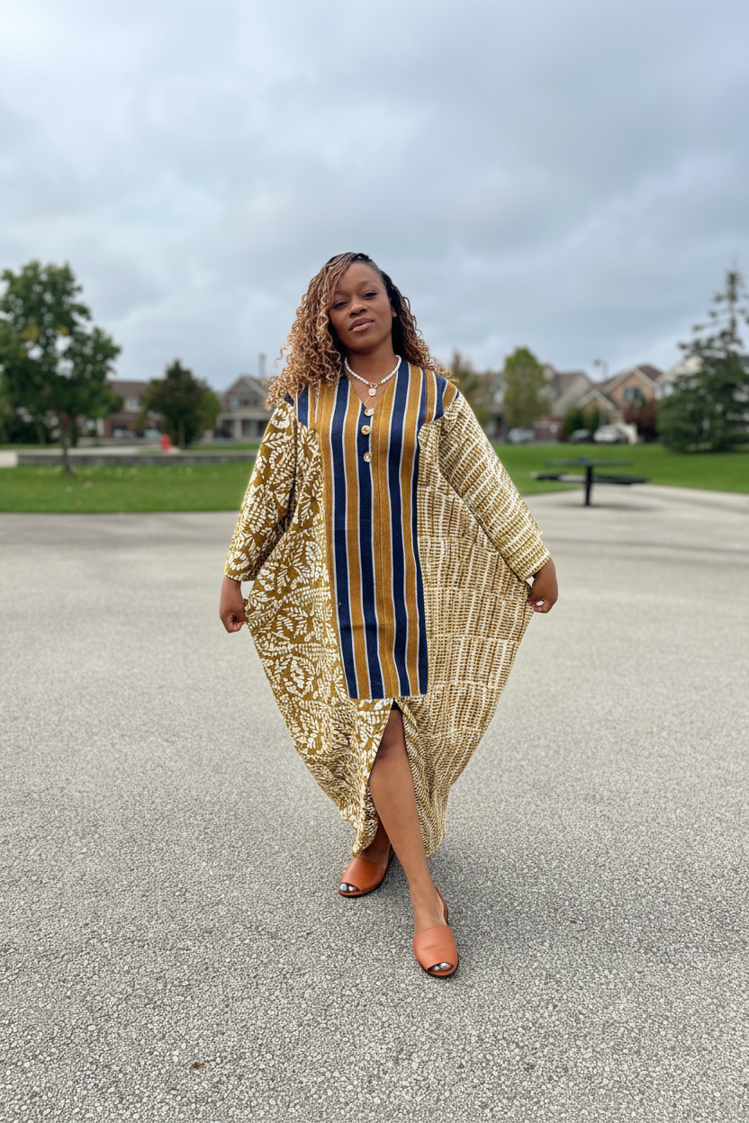 Tomisin Bubu Gown in Adire and Aso-oke fabric by Ladeolu
